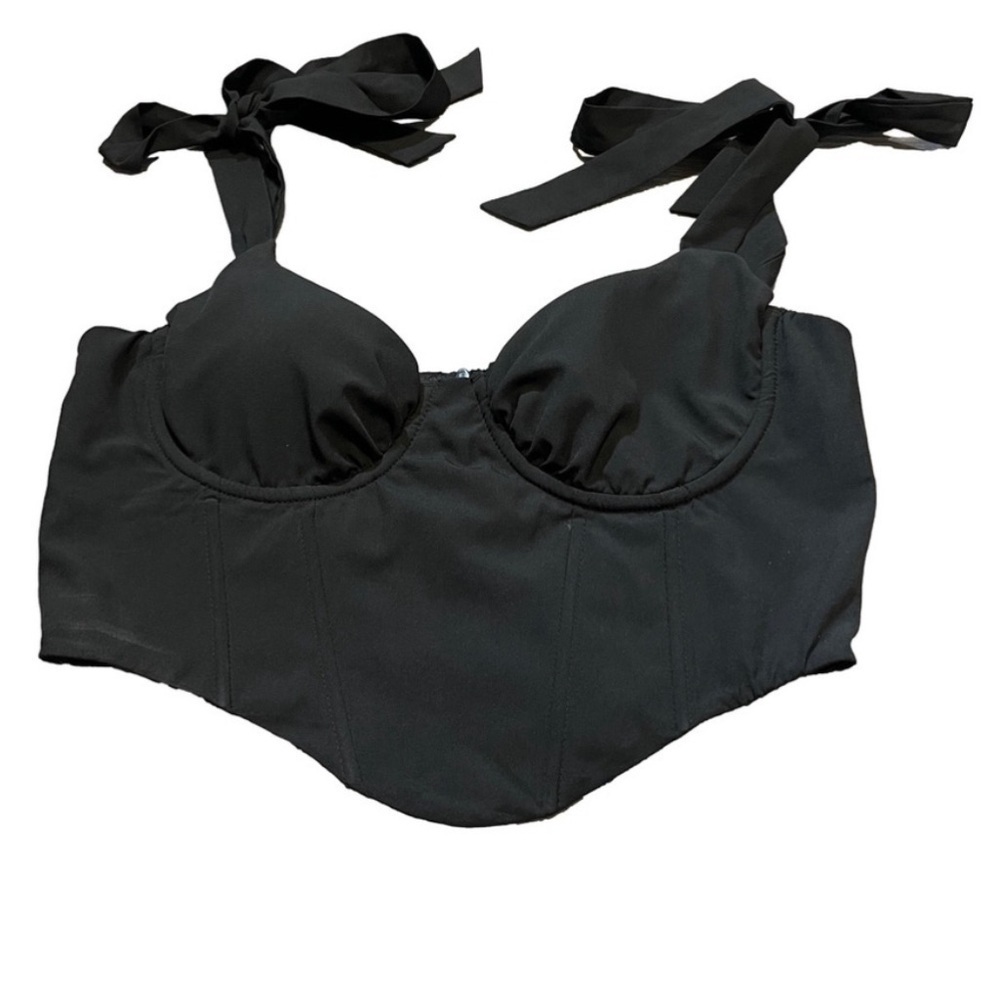 Women’s cottage core black corset boned top size medium tie straps crop top